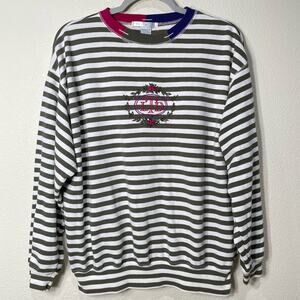 Vintage 90s Embroidered Slouchy Green Striped Pullover Sweatshirt Preppy Retro M